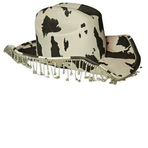 Stylish cow print cowboy hat with sparkling rhinestone fringe. Used once.